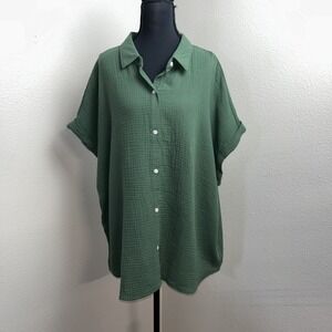 Jessica Simpson Button Up Top Women's 2X Green Collared Ribbed Roll Sleeve Boho